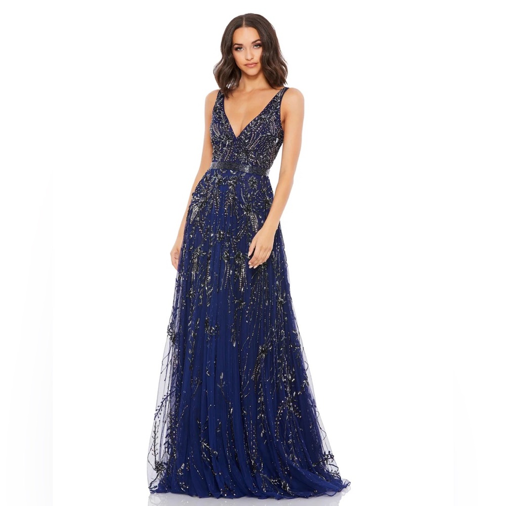 NWT MAC DUGGAL V-NECK EMBELLISHED TULLE GOWN MAXI DRESS 5215 SIZE 14